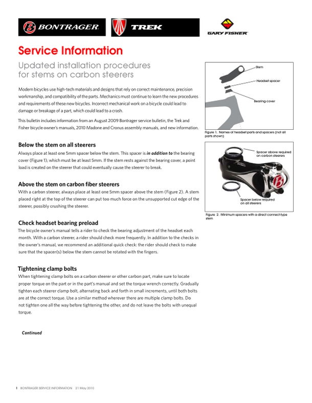 Trek carbon steerer service bulletin, page 1