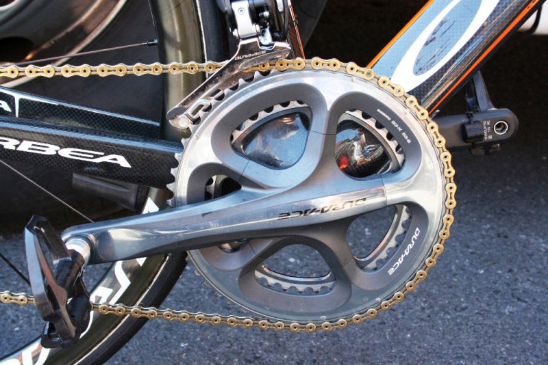 Sanchez' ultralight, gold KMC X-SL chain. Photo: Zack Vestal © VeloNews (file)