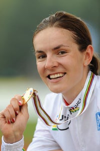 Poland's Maja Wloszczowska shows off her new jewelry. Photo by Frank Bodenmueller