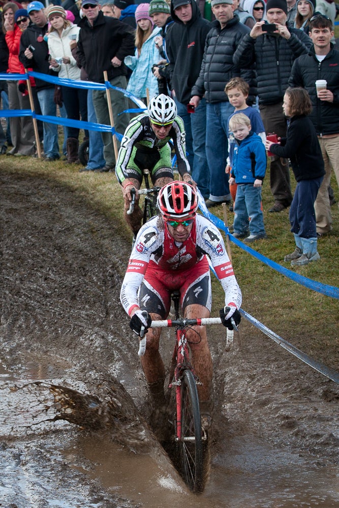 2010 USAC Cyclocross National Championships: Todd Wells leads Jeremy Powers into the slop. Photo: Wil Matthews <a href="http://www.wilmatthewsphoto.com">wilmatthewsphoto.com</a> (file)
