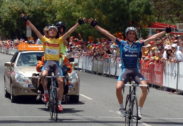 2005 Tour Down Under: Sanchez and Contador celebrate. It was Contador's big return to the sport after his collapse the year before.