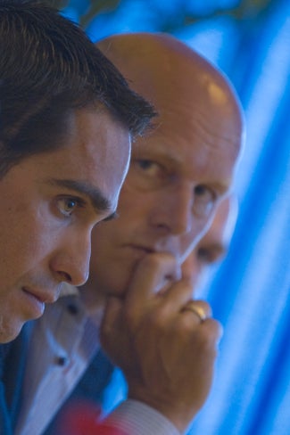 2011 Tour de France. Alberto Contador and Bjarne Riis at a press conference Thursday. AFP PHOTO PASCAL PAVANI 2011 Tour de France. Alberto Contador and Bjarne Riis at a press conference Thursday. AFP PHOTO PASCAL PAVANI