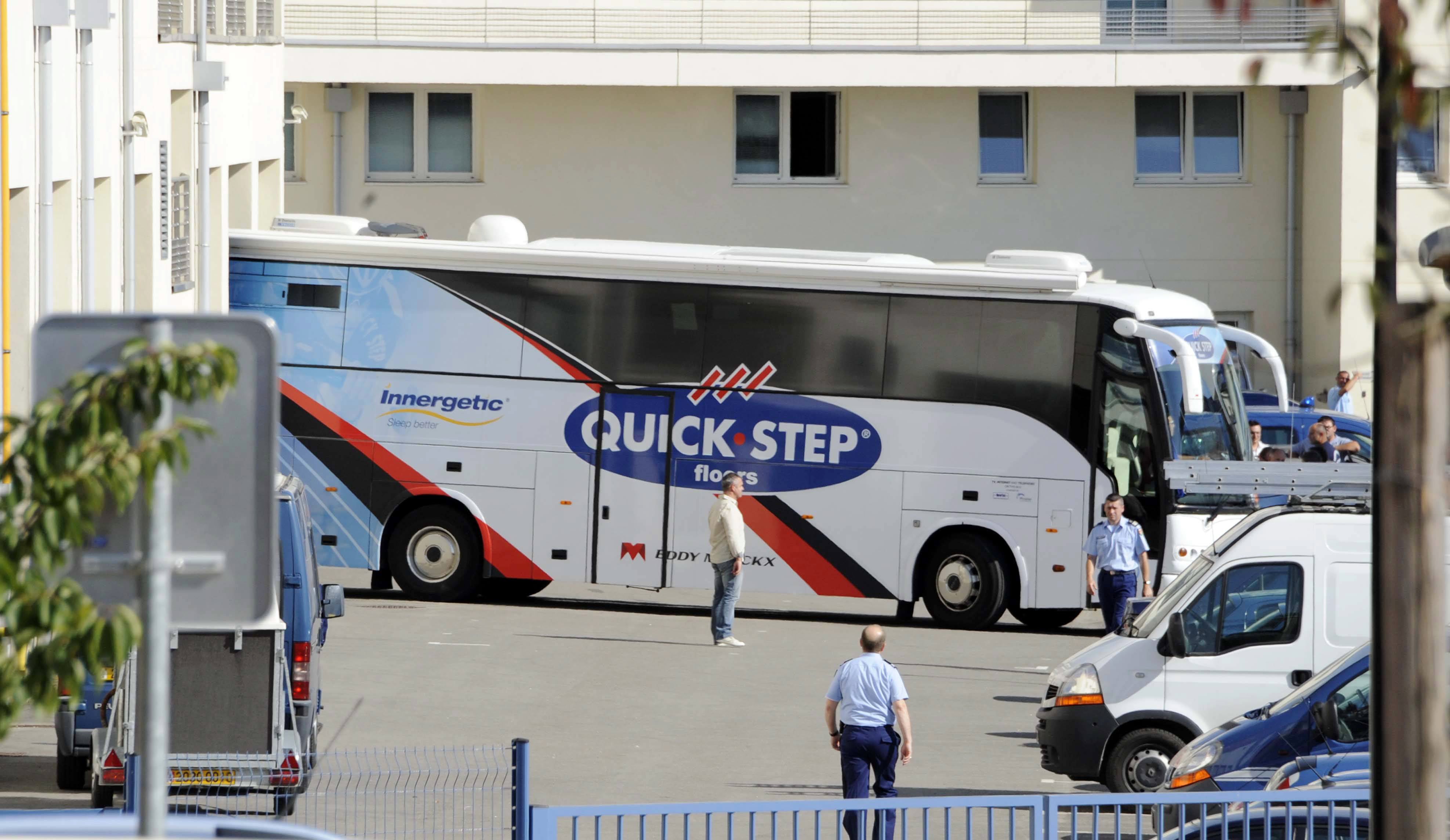 A Belgian cycling team Quick Step bus is parked in the local gendarmerie building in the French western city of La Roche-sur-Yon, on July 1st, 2011. The bus was seized by the French gendarmerie in the neighbouring town of Challans today and driven to La Roche-sur-Yon to be inspected as part of an anti-doping inquiry, a source told AFP. AFP PHOTO / DAVID ADEMAS