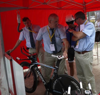 2011 Tour de France, stage 2, UCI saddle check, Alberto Contador 2011 Tour de France, stage 2, UCI saddle check, Alberto Contador