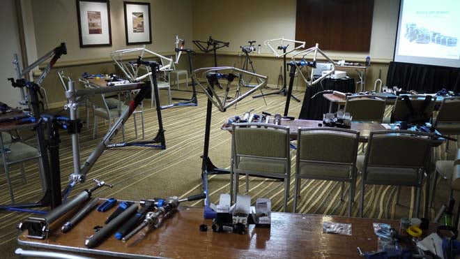 A room full of tools, headsets and Salsa Fargo's is certainly my idea of a good time. Cane Creek gave thorough briefings on all the latest in headset "standards." Photo: Nick Legan