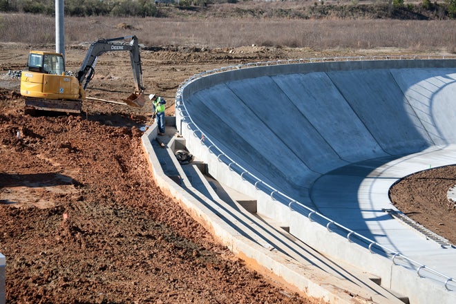 There is still plenty of work to be done.  The velodrome will have a permanent seating capacity of 800. Photo: Brad Kaminski