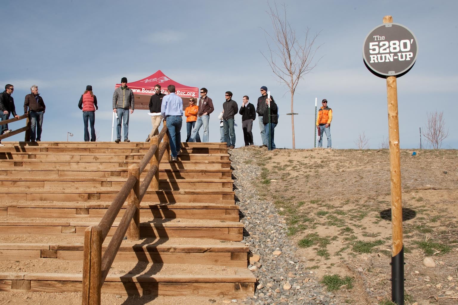The two-flights-with-a-landing “5280’ Run-Up” is one of two staircases in Boulder’s Valmont Bike Park’s built exclusively for cyclocross racing. Its 20-foot center width is bounded by permanent railings allowing spectators to stand on the stairs and avoid damaging the hillside. Step dimensions were chosen specifically for ’cross racing, and one of the steps is at exactly one mile in altitude, hence the staircase’s name. Photo: Brad Kaminski
