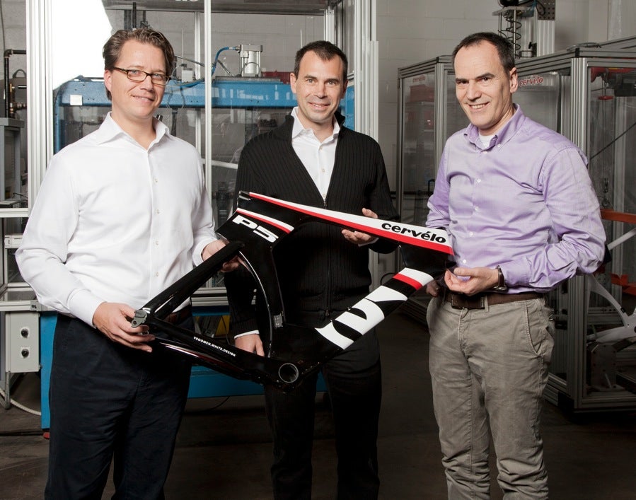 From left to right - Xeno Grimmelt, Senior VP, Pon Bicycle Group, Phil White, CEO, co-founder, Cervélo and Mathias Seidler, Chairman, Derby Cycle in Toronto as Cervélo joins Pon Bicycle Group.