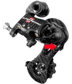 Campagnolo derailleurs are adjustable via the silver "B" screw shown here. Photo: Campagnolo