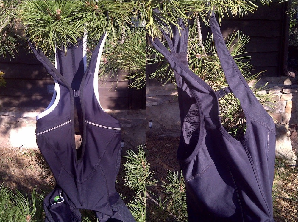 The Gore Alp-X Lady bibs (L) and the Pearl Izumi Women's P.R.O. In-R-Cool (R). Photo: Emily Zinn | <a href="https://www.velonews.com">www.VeloNews.com</a>