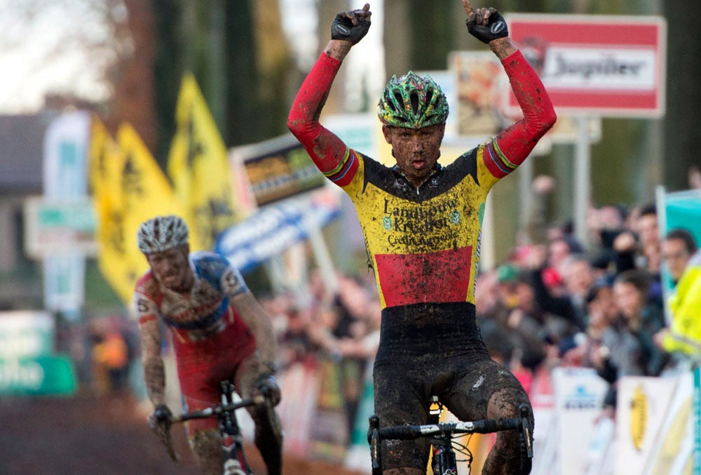 Sven Nys comes around Klaas Vantornout to win the muddy Gavere round of the Superprestige series. Photo: VeloNews.com