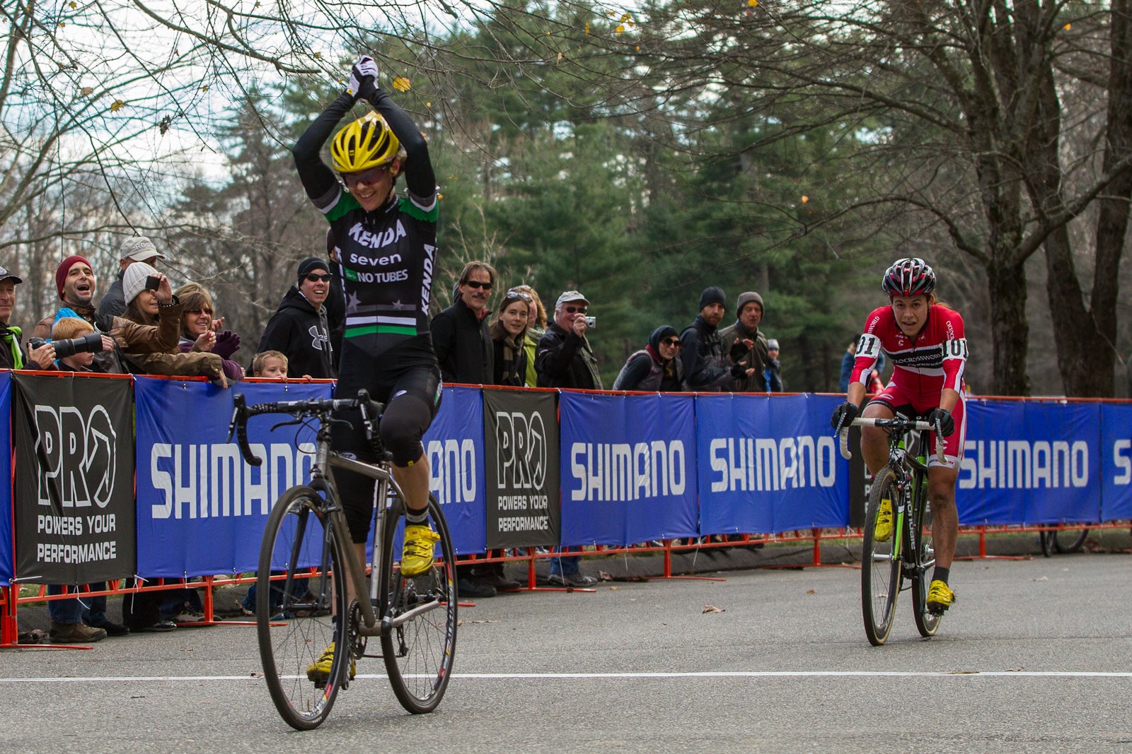 Mary McConneloug wins the day, with Anthony having chased back on to finish just behind her. Photo: Todd Prekaski