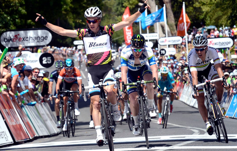 Tom-Jelte Slagter won his first race as a pro when he got the jump on Matthew Goss. Photo: Graham Watson | <a id="www.grahamwatson.com" href="http://grahamwatson.com">www.grahamwatson.com</a>