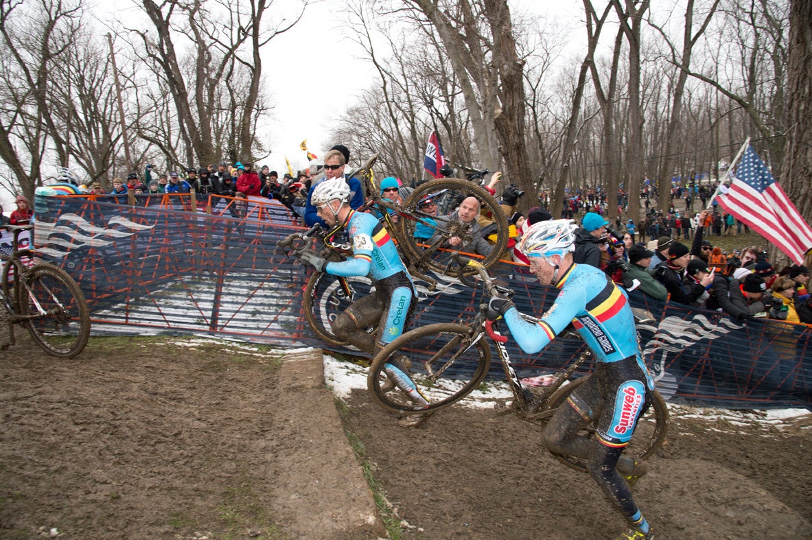 Race leaders Nys and Vantornout fly up the steps. Photo: Casey B. Gibson | <a href="http://www.cbgphoto.com">www.cbgphoto.com</a>