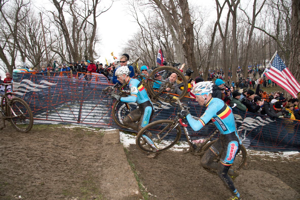 Race leaders Nys and Vantornout fly up the steps. Photo: Casey B. Gibson | <a href="http://www.cbgphoto.com">www.cbgphoto.com</a>