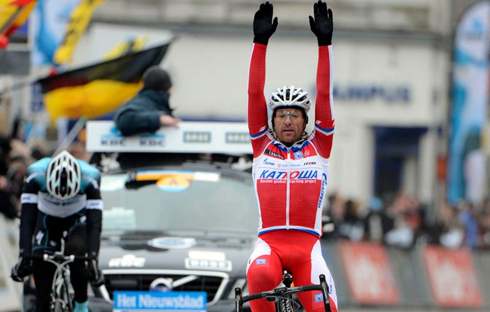 Luca Paolini won Omloop Het Nieuwsblad after attacking late with Stijn Vandenbergh. Photo: Graham Watson | <a id="www.grahamwatson.com" href="http://grahamwatson.com">www.grahamwatson.com</a>