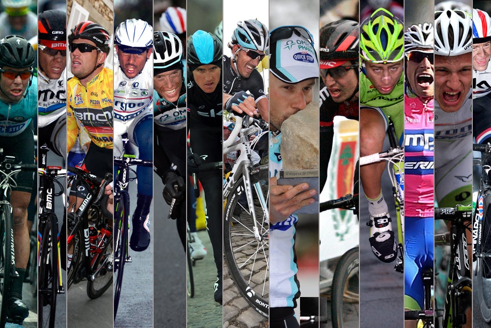 Mark Cavendish, Philippe Gilbert, Thor Hushovd, John Degenkolb, Sylvain Chavanel, Geraint Thomas, Fabian Cancellara, Tom Boonen, Taylor Phinney, Peter Sagan, Filippo Pozzato, Marcel Kittel, and Ian Stannard are the players. Photo: Graham Watson | <a id="www.grahamwatson.com" href="http://grahamwatson.com">www.grahamwatson.com</a>