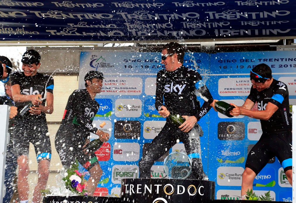 Joe Dombrowski, Bradley Wiggins and Sky had plenty to celebrate after their stage win on Tuesday. Photo: VeloNews.com