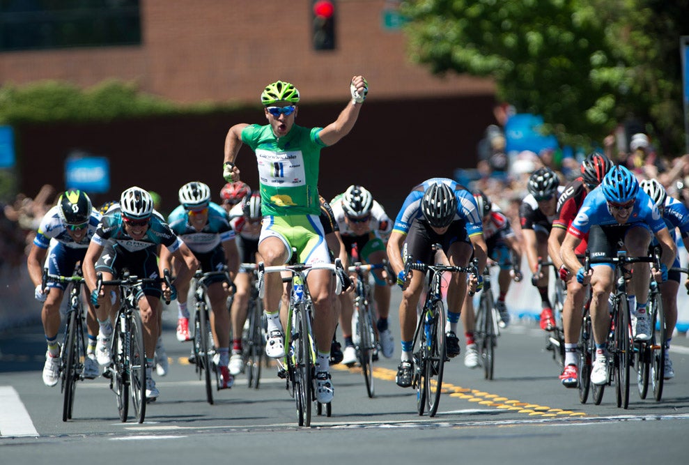 Peter Sagan strides across the finish with his 10th career Amgen Tour stage win. Photo: Casey B. Gibson | <a href="http://www.cbgphoto.com">www.cbgphoto.com</a>