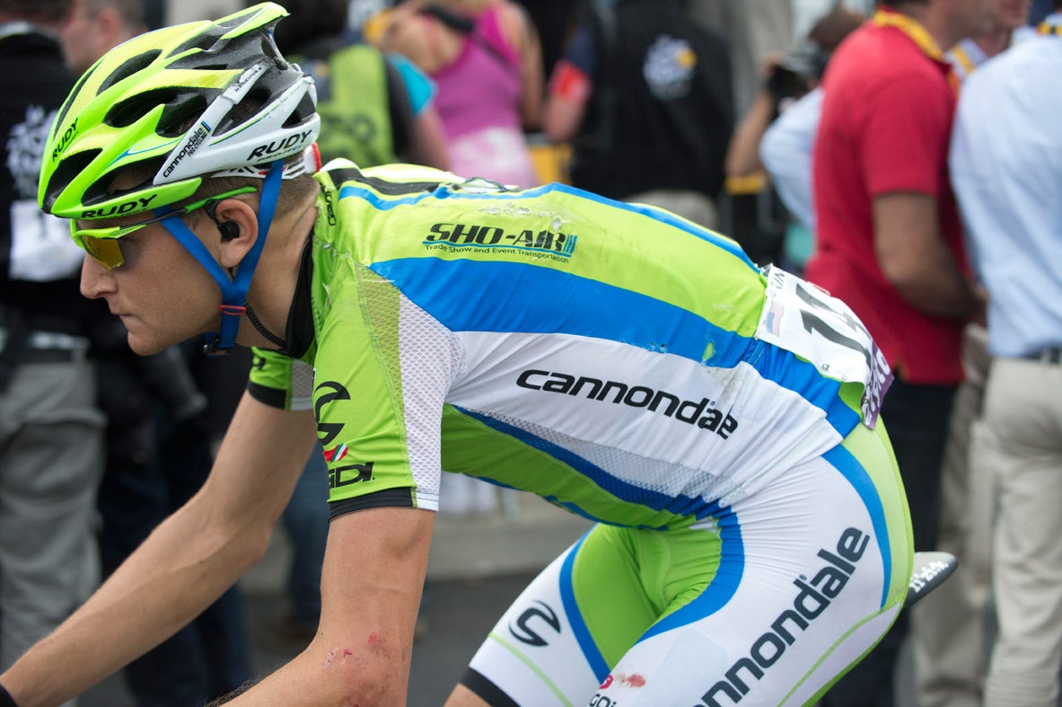 A battered Ted King reaches the finish of stage 1. Photo: Casey B. Gibson | <a href="http://www.cbgphoto.com">www.cbgphoto.com</a>