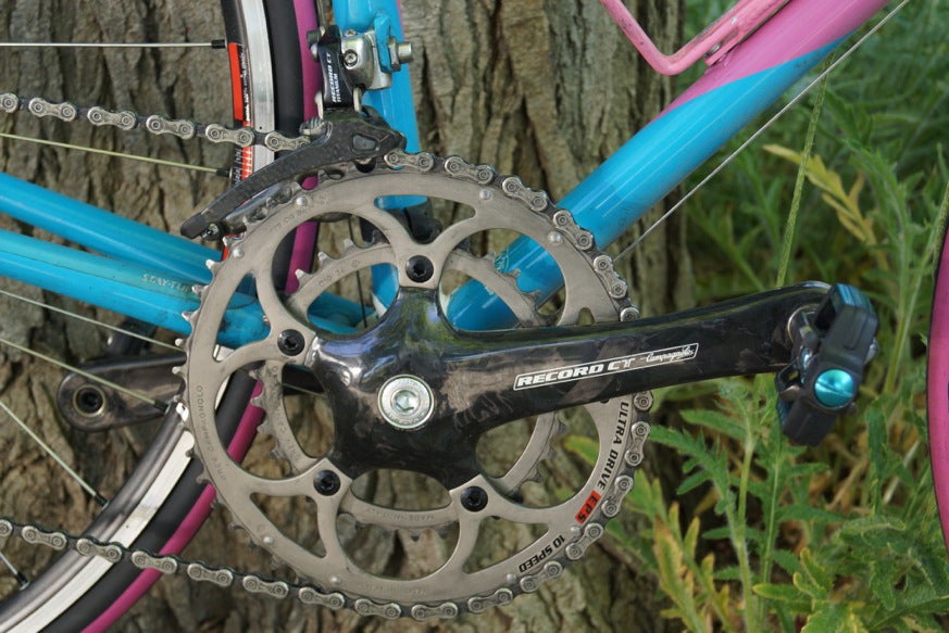 Carbon Campagnolo Record CT crank on my wife’s lugged steel road bike I built 29 years ago for her. Photo: Lennard Zinn | VeloNews.com