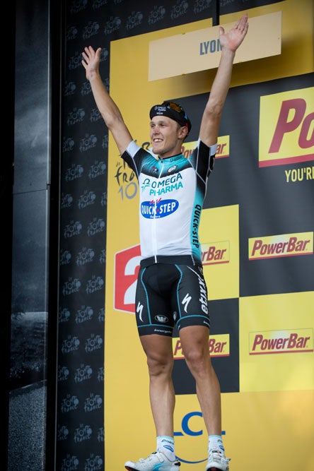 Second-year pro Matteo Trentin was so excited to be on the podium he didn't want to leave. Photo: Casey B. Gibson | <a href="http://www.cbgphoto.com">www.cbgphoto.com</a>