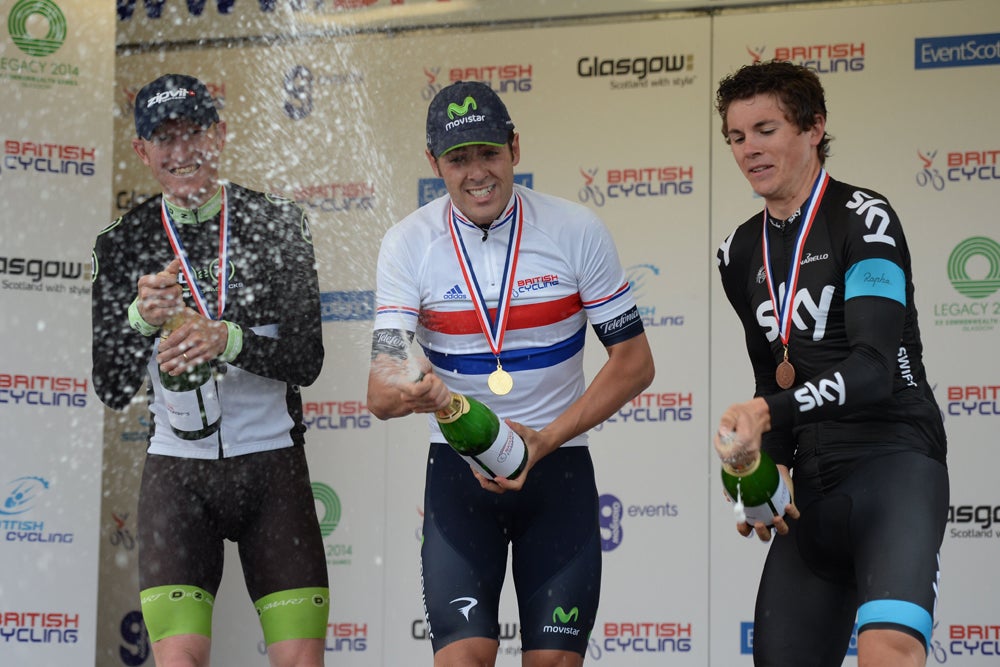 Alex Dowsett celebrates after winning his third straight national time trial title in June. Photo: Graham Watson | <a id="www.grahamwatson.com" href="http://grahamwatson.com">www.grahamwatson.com</a>