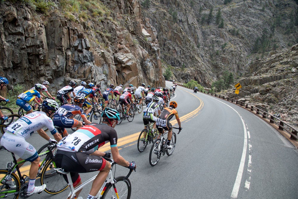 The peloton starts up the Big Thompson Canyon Narrows. Photo: Casey B. Gibson | <a href="http://www.cbgphoto.com">www.cbgphoto.com</a>