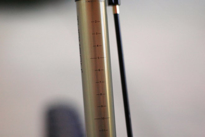 The Elite Dropper has many small details indicative of Thompson's passion for perfection. Although we can't see why you'd need height markings on a dropper post, they sure do look cool. Photo: Spencer Powlison | VeloNews.com