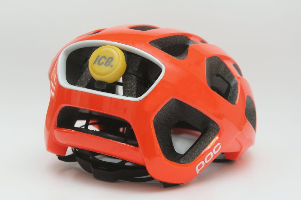 The ICEdot Crash Sensor mounted to Poc's new Octal road helmet. Poc and ICEdot recently announced that Poc will be including ICEdot's helmet stickers with its helmets. Photo: ICEdot