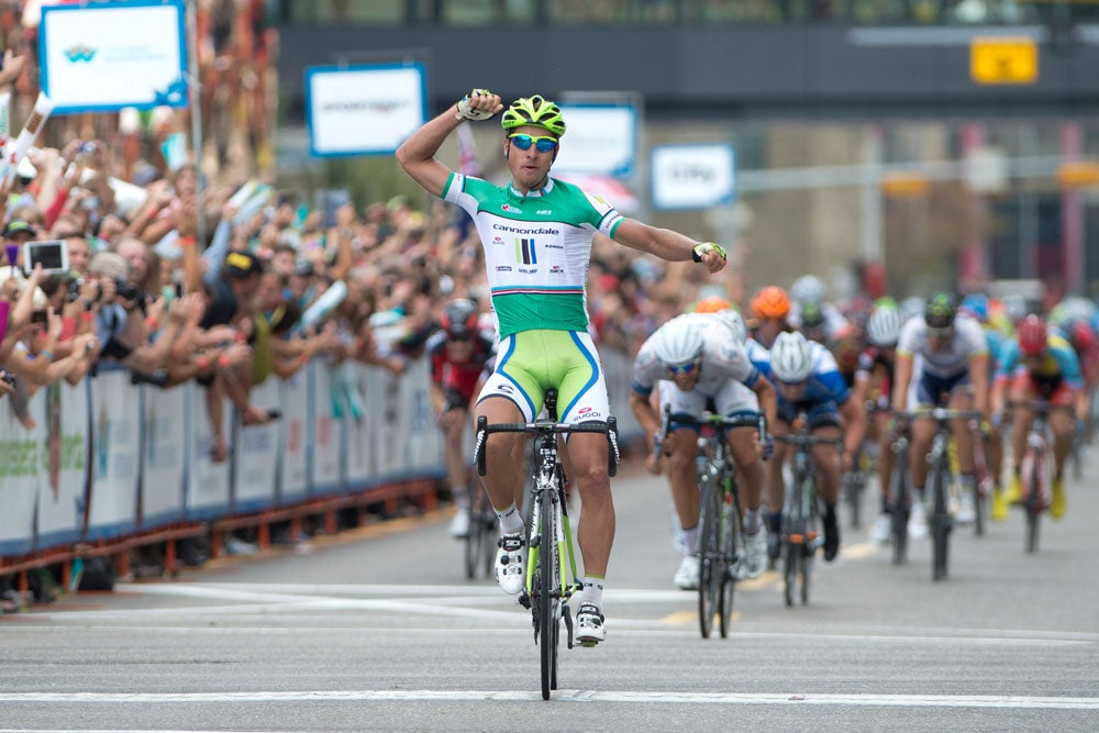 Peter Sagan's victory celebration on Sunday was pretending to use a lasso in front of the Canadian fans. Photo: Casey B. Gibson | <a href="http://www.cbgphoto.com">www.cbgphoto.com</a>