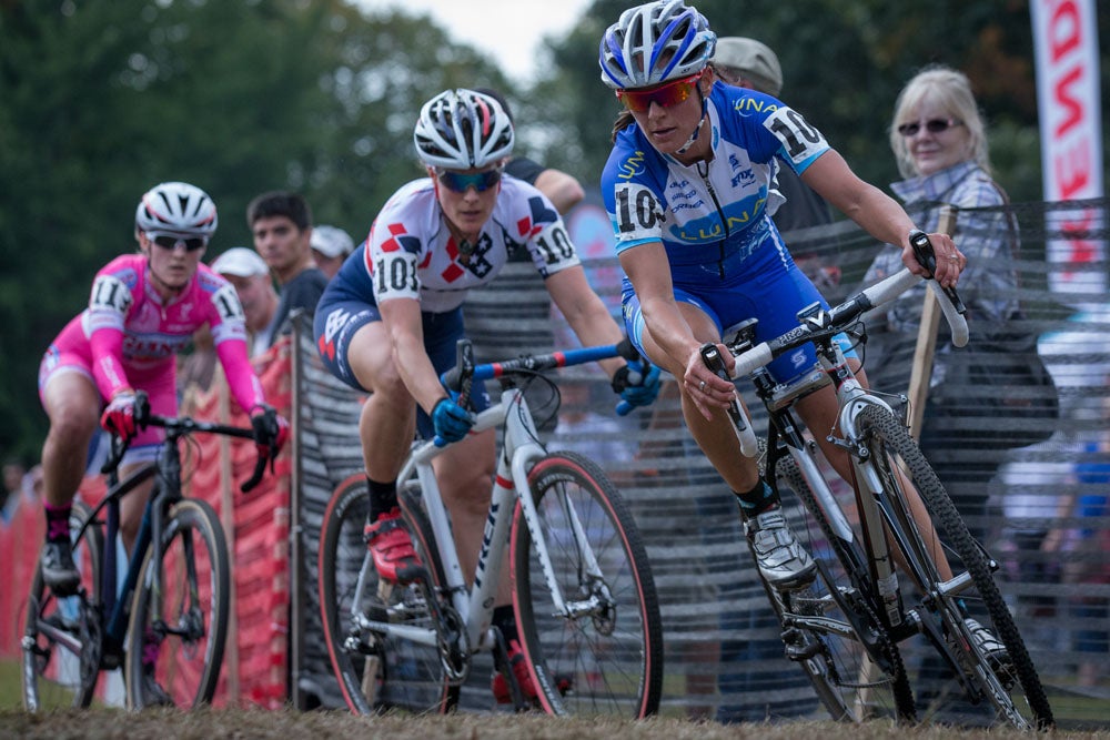 Katerina Nash out-fought Katie Compton and Elle Anderson to win round one of the Providence Cyclocross Festival. Photo: Wil Matthews | <a href="http://www.wilmatthewsphoto.com">www. wilmatthewsphoto.com</a>