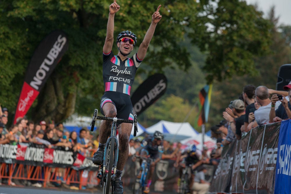 Jeremy Powers takes a hard-fought victory in round one of the Providence Cyclocross Festival. Photo: Wil Matthews | <a href="http://www.wilmatthewsphoto.com">www. wilmatthewsphoto.com</a>