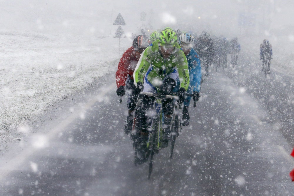 As if the climbs weren't enough, riders in the 2013 Milano-Sanremo race faced snow. Photo: Graham Watson | <a id="www.grahamwatson.com" href="http://grahamwatson.com">www.grahamwatson.com</a> 
