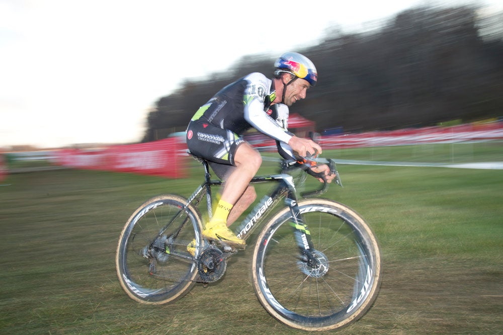 Tim Johnson performed consistently well throughout the season, and officials will call Johnson, who was second in the season-long USA Cycling Pro Cyclocross Calendar, to the line second on Sunday. Here, Johnson flies through a corner on his way to a win at Jingle Cross Rock in November. Photo: Casey B. Gibson | <a href="http://www.cbgphoto.com">www.cbgphoto.com</a>