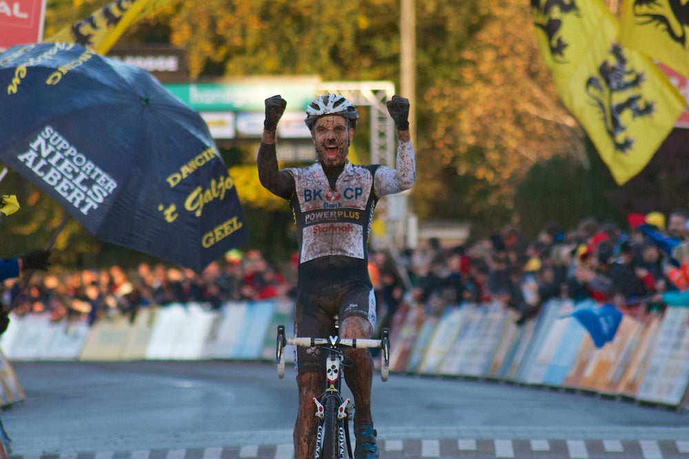 Niels Albert celebrates a breakthrough race, his first victory since the beginning of the season. Photo: Dan Seaton