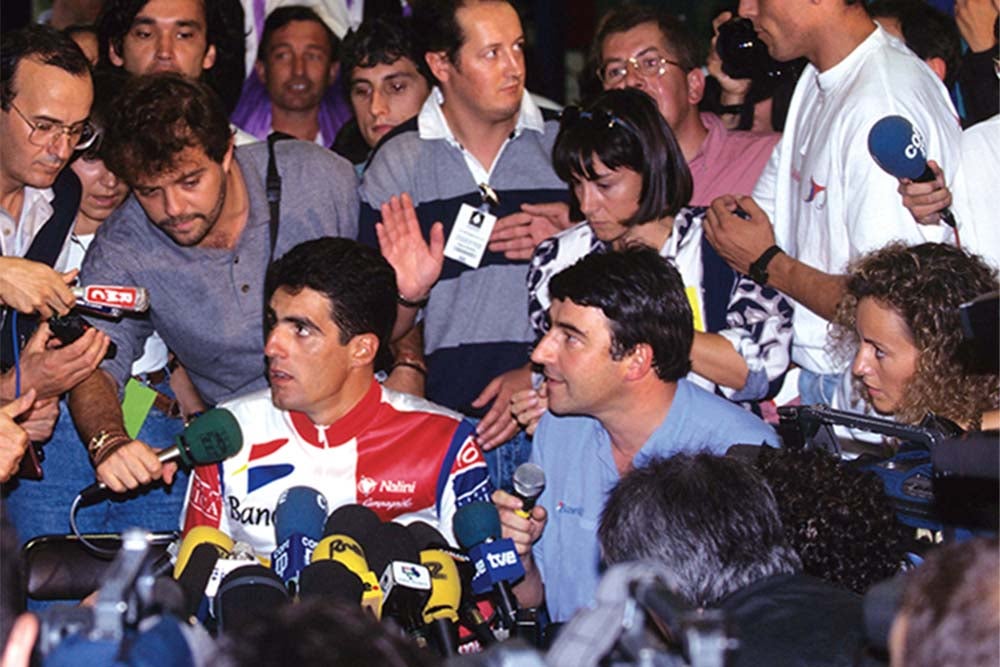 Miguel Indurain meets the press in a very different era indeed. Photo: Graham Watson | <a href="http://www.grahamwatson.com">www.grahamwatson.com</a> (file)
