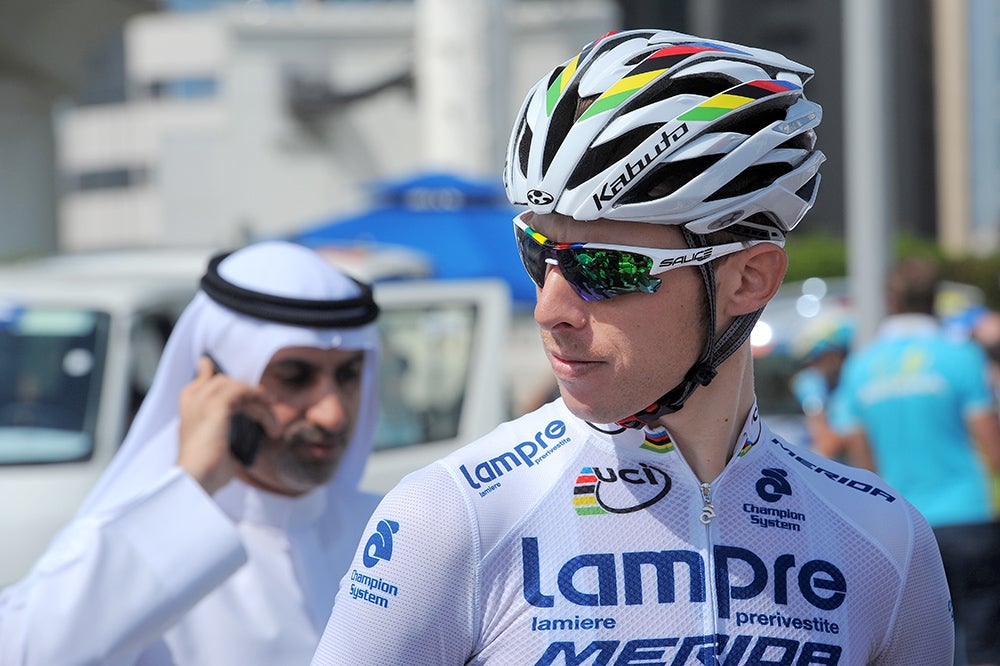 Rui Costa debuted his 2014 rainbow stripes Thursday in Dubai. Photo: Tim De Waele | <a href="http://tdwsport.com" target="_blank">TDWsport.com</a>