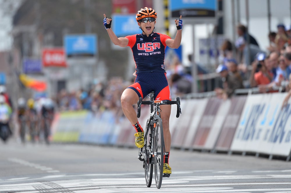 American Lauren Hall celebrates winning the 2014 women's edition of Gent-Wevelgem. Photo: Tim De Waele | <a href="http://tdwsport.com" target="_blank">TDWsport.com</a>