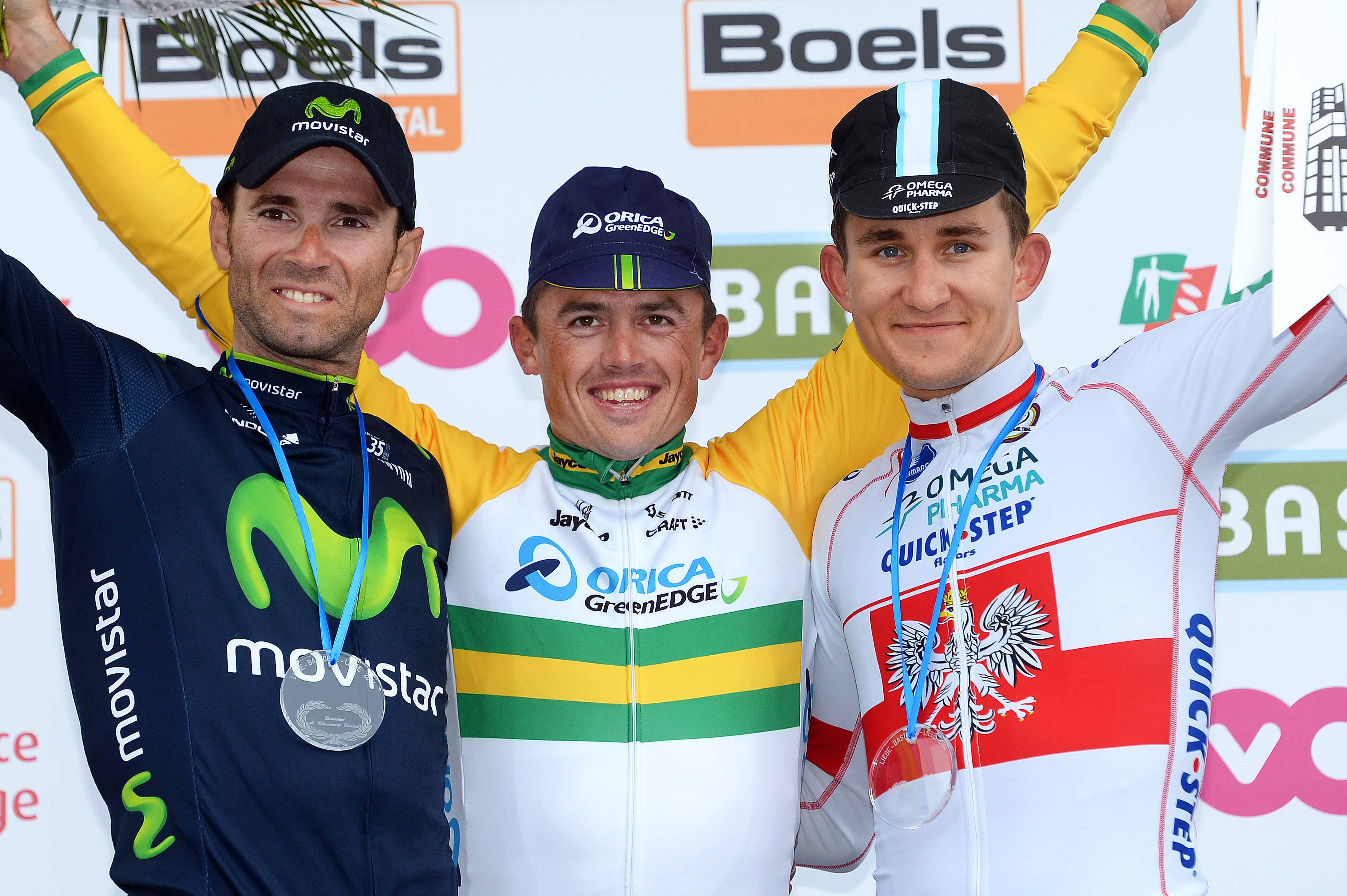 The 2014 Liége-Bastogne-Liége podium, from left: Alejandro Valverde (Movistar), 2nd; Simon Gerrans (Orica-GreenEdge), 1st; Michal Kwiatowski (Omega Pharma-Quick Step), 3rd. Photo: Tim De Waele | <a href=http://www.tdwsport.com target="_blank">TDWsport.com</a>