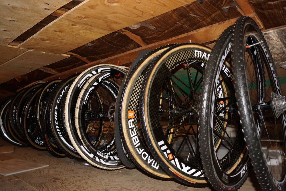 The tires (all sprayed with 303 Protectant) were hung on wheels in the attic with care, in hopes that cyclocross season soon would be there. Photo: Lennard Zinn | VeloNews.com