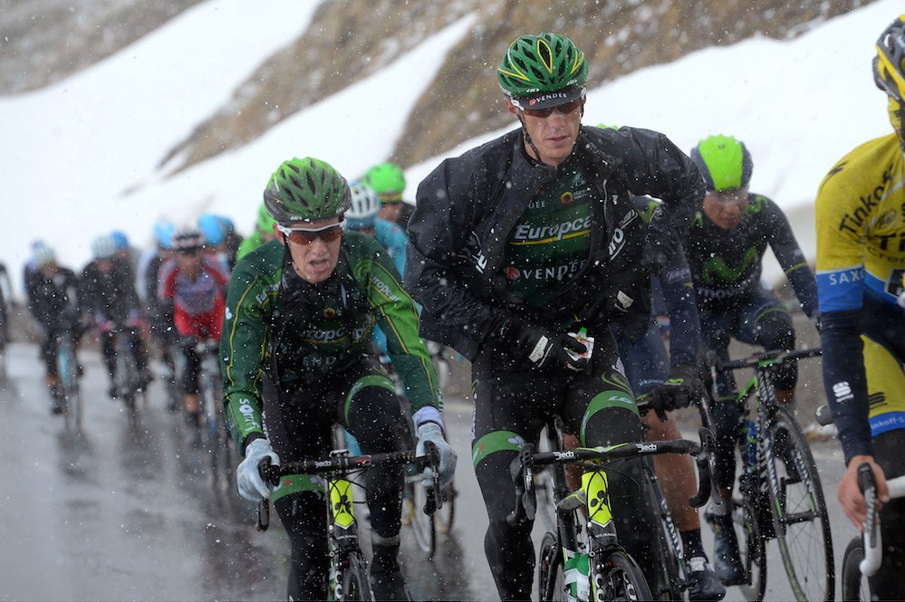 Conditions atop the Stelvio were wet, and cold, but race officials insist they never called to neutralize the descent. Photo by Tim de Waele.