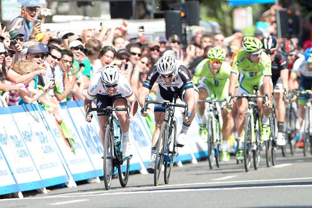 Mark Cavendish wins Stage 1 with a bike throw. Photo: Casey B. Gibson | <a href="http://www.cbgphoto.com">www.cbgphoto.com</a>