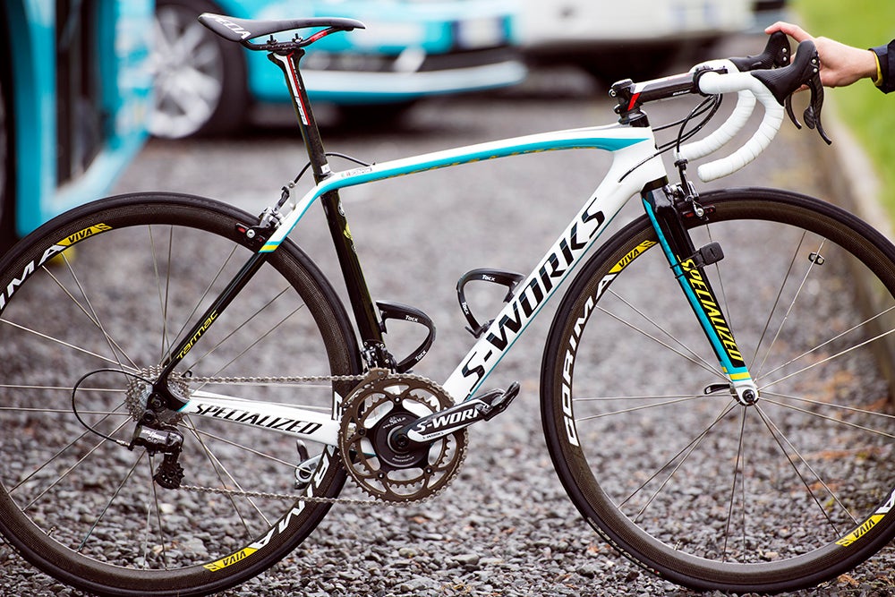 Specialized-sponsored teams showed up in Belfast, Northern Ireland for the start of the Giro d'Italia on something new. Astana's Michele Scarponi is on a 52cm version of the new frame. Official information on the bike is still being held under wraps, but a few changes are obvious. The seatpost clamp is now entirely internal, for example. Photo: Caley Fretz | VeloNews.com