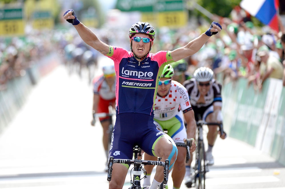 Lampre's Sacha Modolo took a very technical sprint finish ahead of Peter Sagan on stage 5 of the Tour de Suisse, while a pileup behind took out Mark Cavendish and Matt Goss, among others. Photo by Tim de Waele.