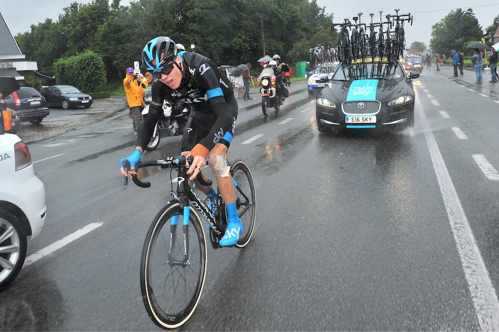 Chris Froome crashed twice in stage 5 of the Tour de France. Wet roads proved to be the defending champion's undoing, as he withdrew from the race before he even reached the stage's cobblestones. Photo: Tim De Waele | <a href="http://www.TDWsport.com">TDWSport.com</a>