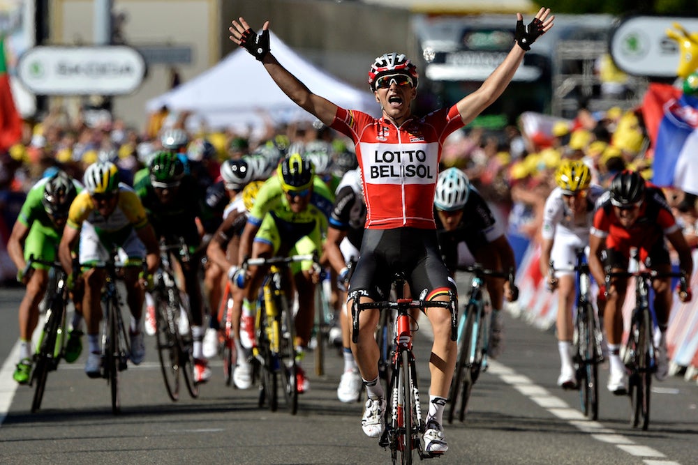 Tony Gallopin celebrates after earning a narrow victory on stage 11 of the Tour de France. Photo: Jeff Pachoud | AFP