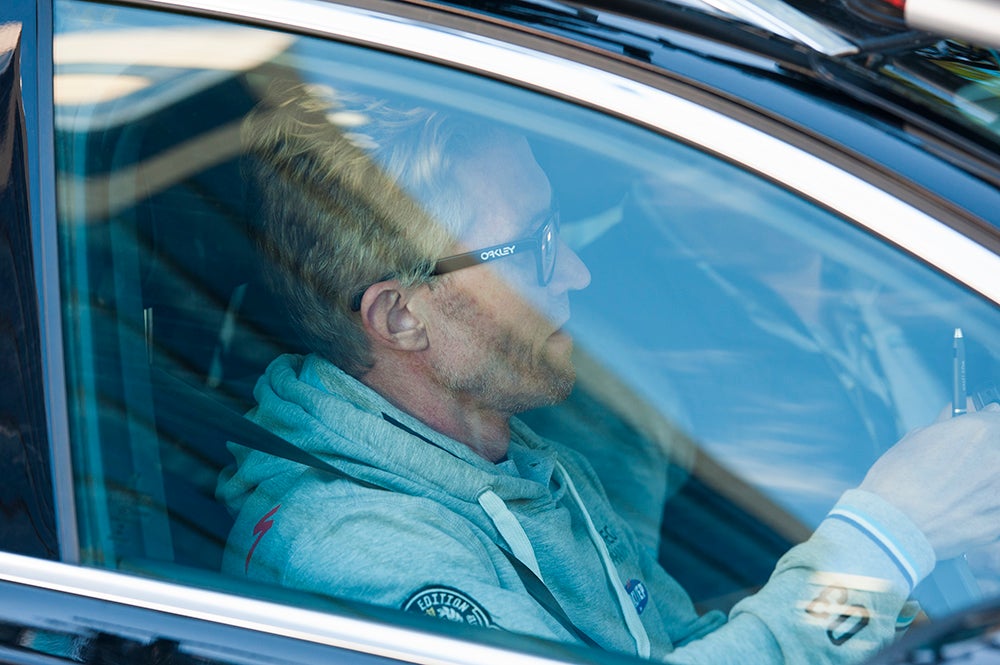 Omega Pharma-Quick Step sport director Brian Holm at the Tour de France in Leeds, England, to direct the team days removed from an acquittal on an indecent exposure charge regarding a minor. Photo by Caley Fretz