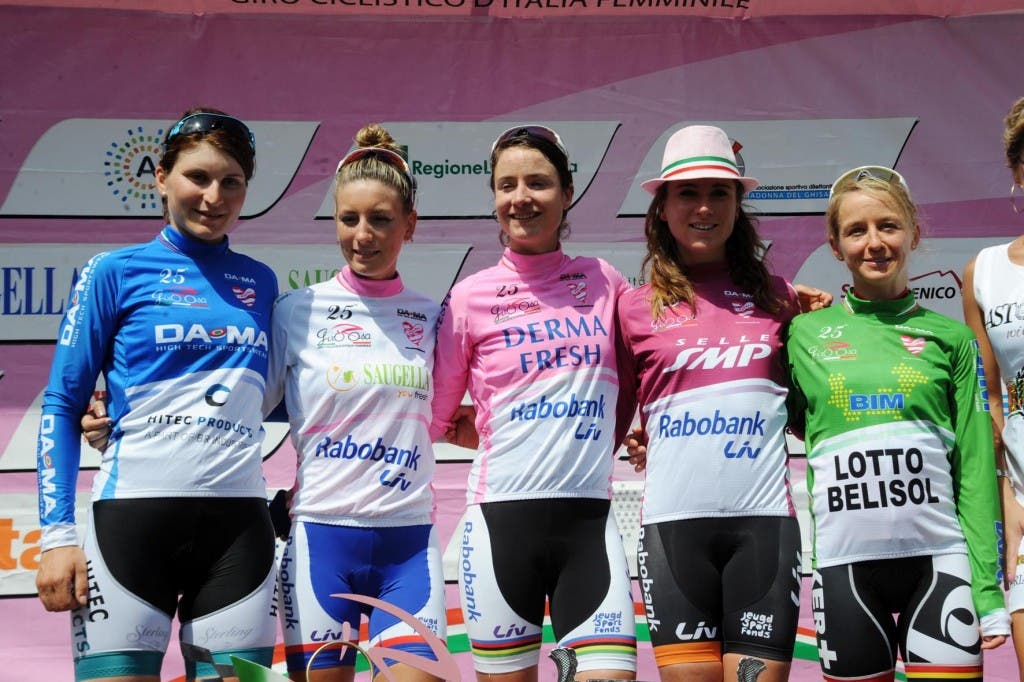 The jersey winners at the 2014 Giro Rosa: blue (best Italian, Elisa Longo Borghini (Hitec Products); white (best young rider): Pauline Ferrand Prevot (Rabobank-Liv); pink (general classification), Marianne Vos (Rabobank-Liv); red (points classification) Annemiek van Vleuten (second to Vos in points); green (mountain classification), Emma Pooley (Lotto-Belisol). Photo: Giro Rosa 
