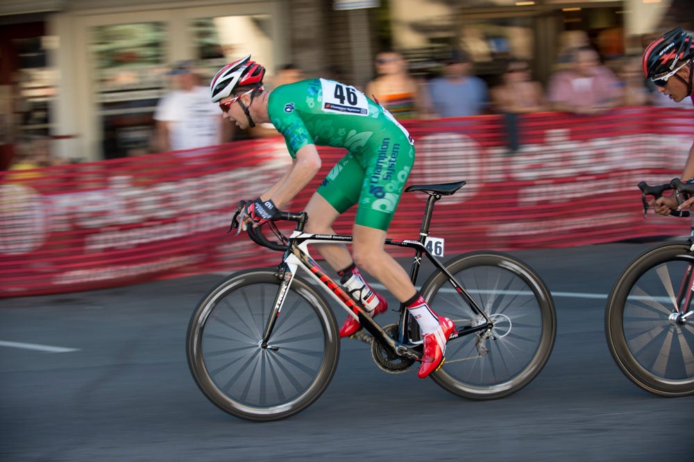 Logan Owen sprinted early in the race to secure points to keep the green jersey. Photo: Casey B. Gibson | <a href="http://www.cbgphoto.com">www.cbgphoto.com</a>